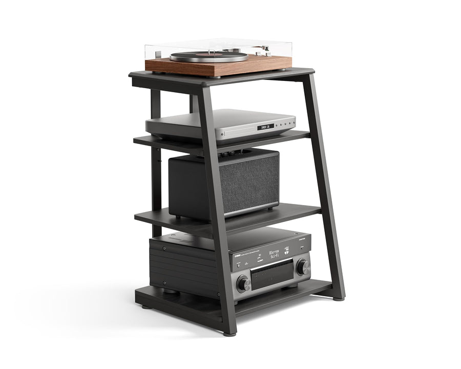 4 Tier Media Stand - Black - Adjustable Corner Shelf for Turntable, Console, AV Receiver and Speakers