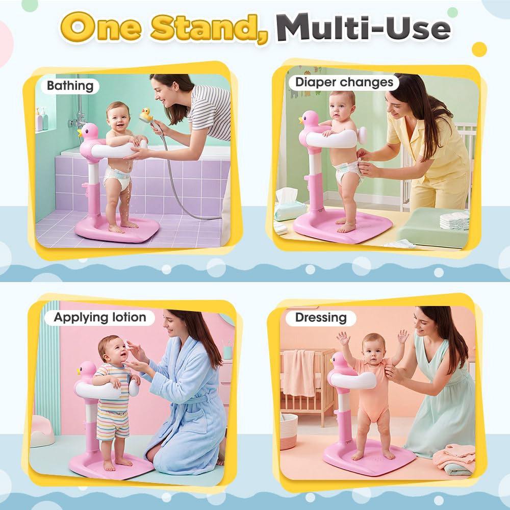 Baby Bath Shower Stand - Pink - 9 Height Levels, Anti-Slip Base, Anti-Pinch Silicone