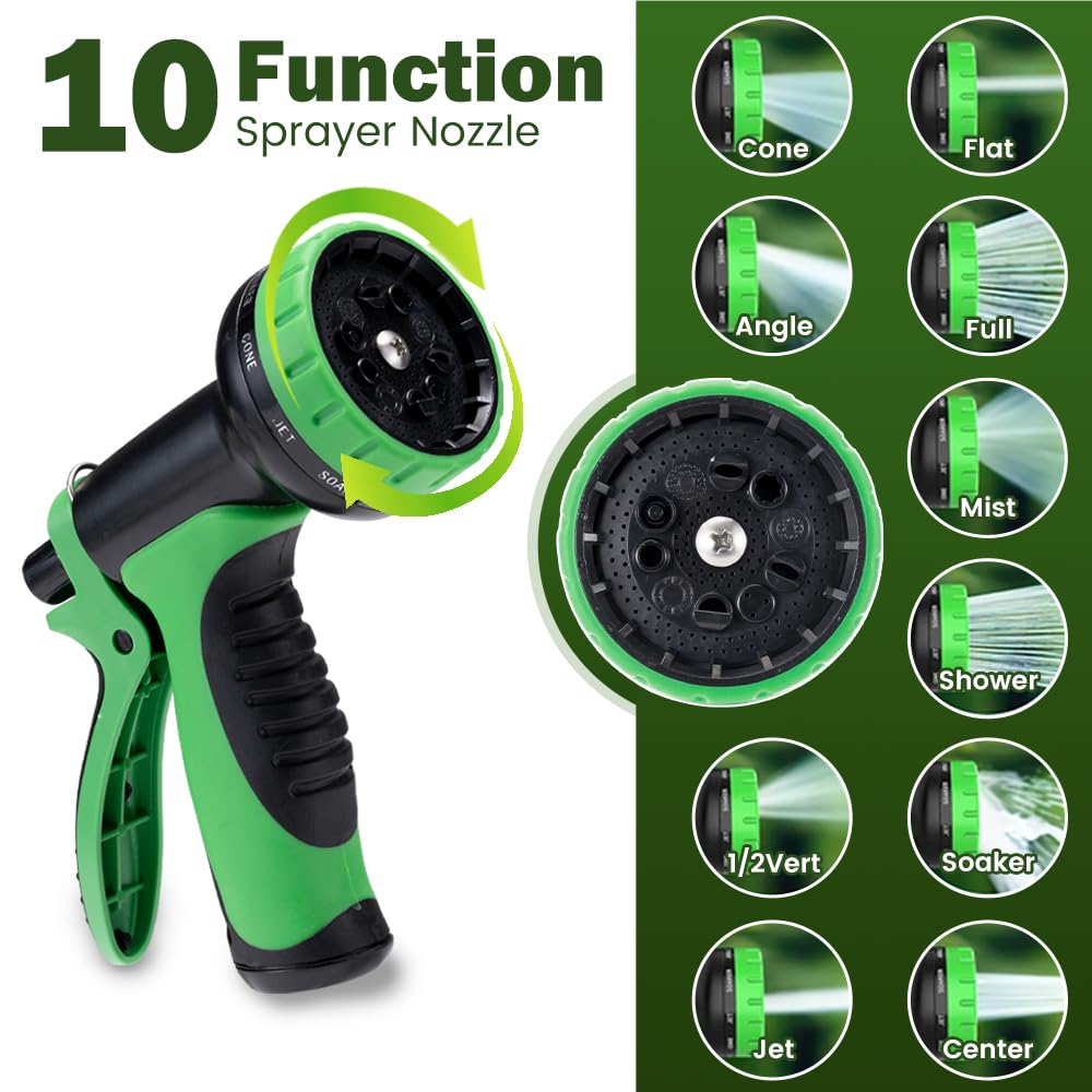 Expandable Garden Hose 50FT - Green - Stretches to 3x Length, 10 Function Nozzle plus Mist Nozzle, 1/2 and 3/4 BSP