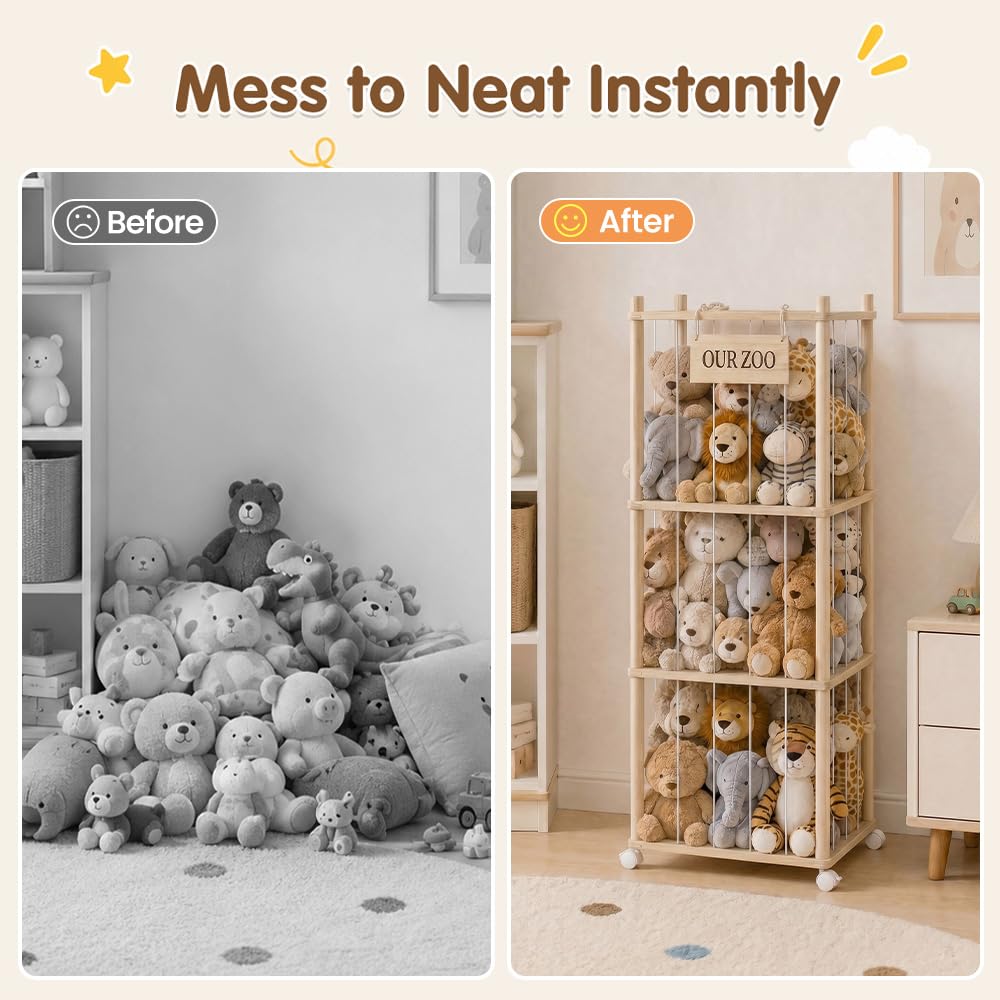 Soft Toy Storage Tower 3-Tier with Wheels - Natural Wood 136cm - Holds 50+ Plush Toys, Rolls Away