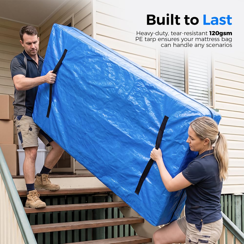 Mattress Bag for Moving and Storage - Single - 120gsm PE Tarp, 8 Heavy Duty Handles, Zip on Three Sides, Water Resistant