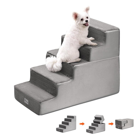 5 Step Dog Stairs 56cm High - Grey - High Density Foam with 5 Support Boards, Non Slip Corduroy Cover