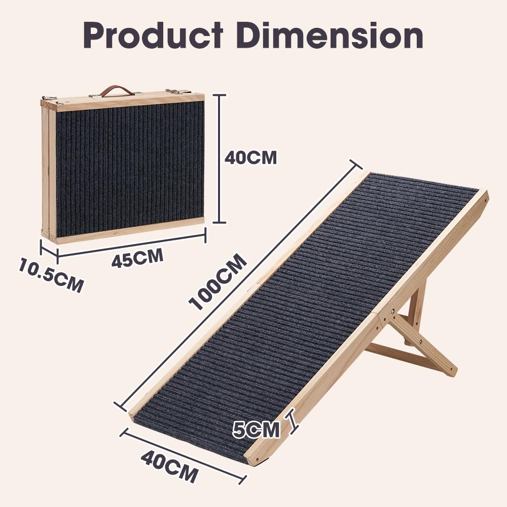 Folding Wooden Dog Ramp - Pine, Adjusts 24.5 to 49.5cm - Self Supporting, Anti Slip Fabric, Folds in Half