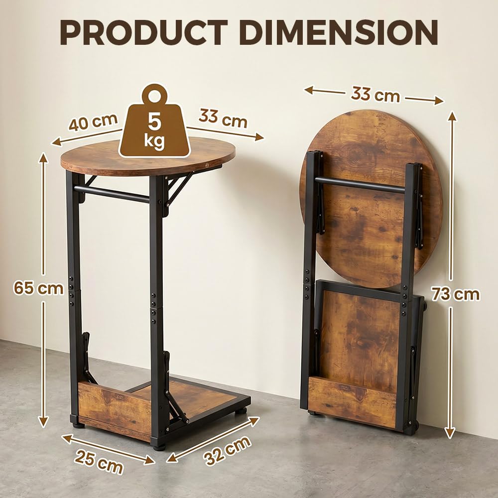 Foldable C Shaped Side Table 2 Tier - Vintage Brown - 33 x 40 x 65cm, Metal Frame, Folds Flat Without Tools