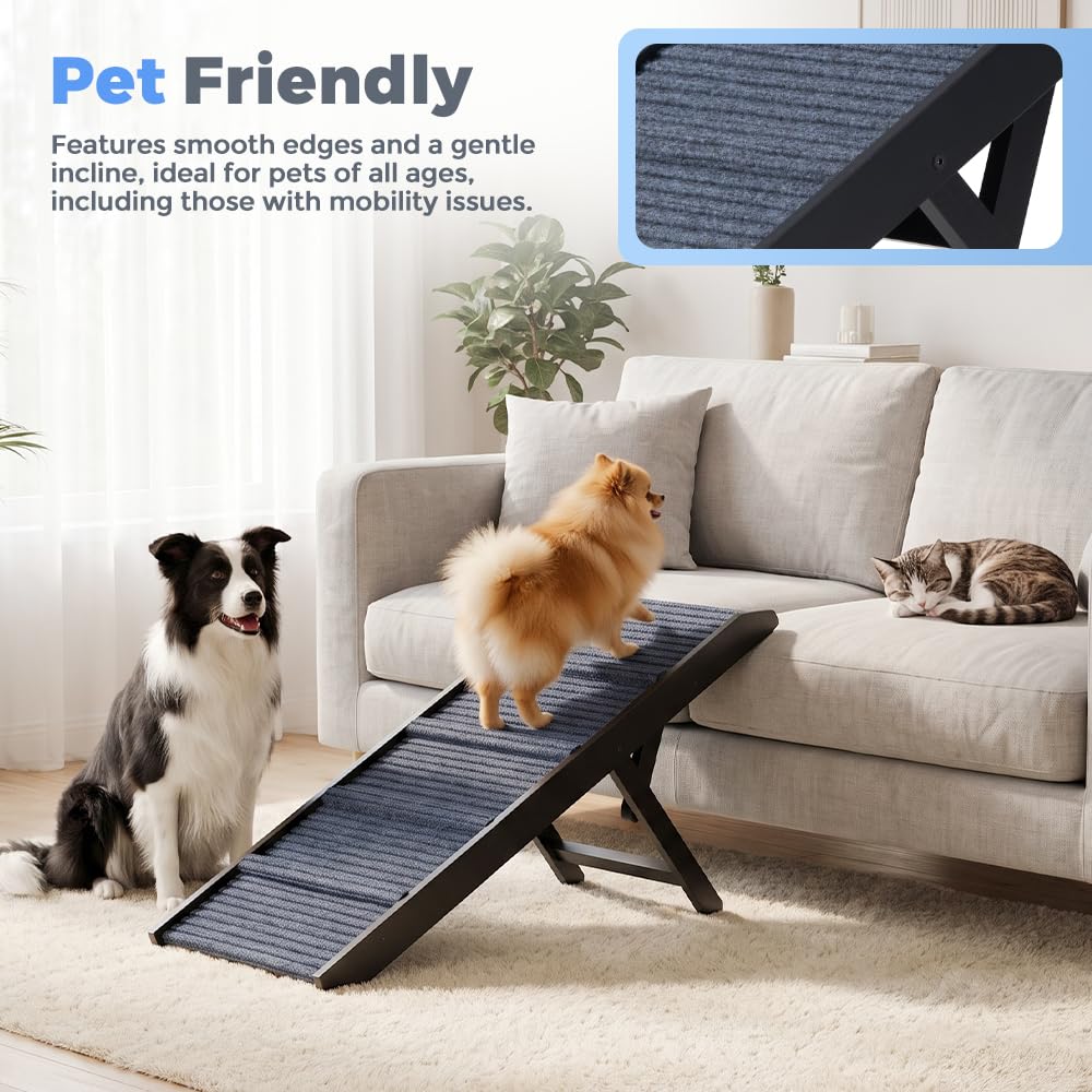 Adjustable Dog Ramp for Bed - Black, 90cm Long - Three Heights 33, 39 and 45cm, Holds 60kg, Non Slip Carpet