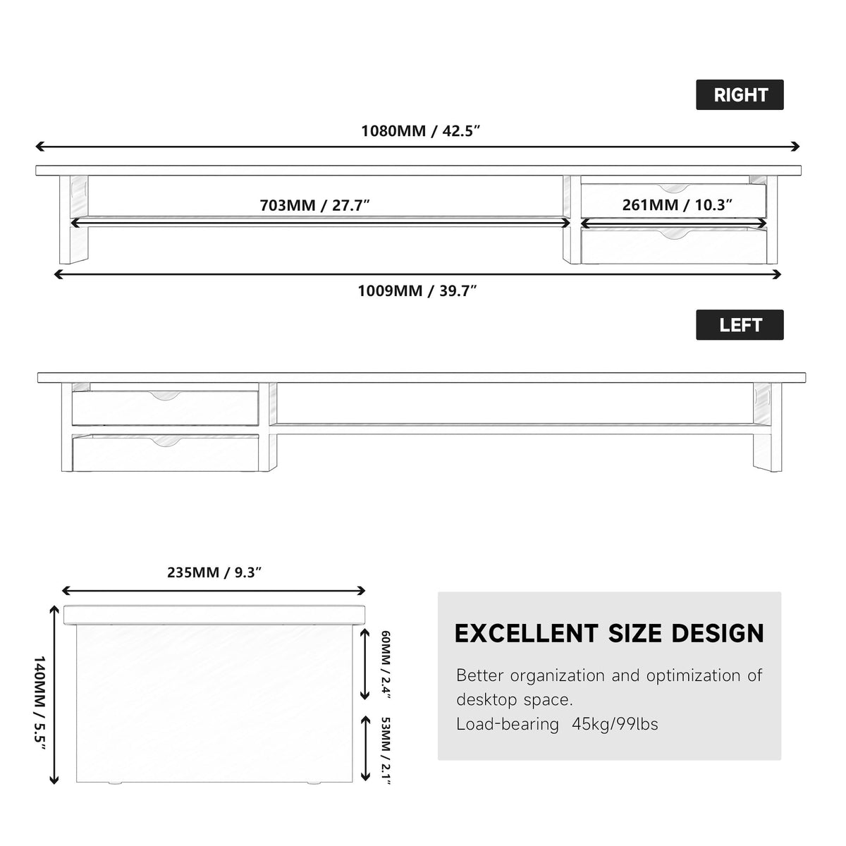 Dual Monitor Riser with Drawers 42.5 Inch - Oak - 2 Tier Desktop Organiser, 15mm Wood Panel, Holds 45kg