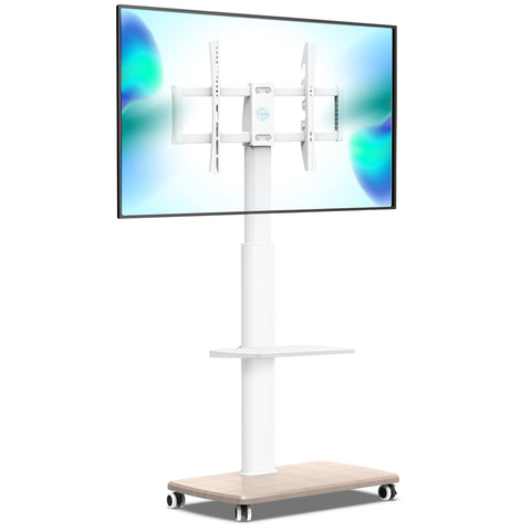 Universal Rolling TV Cart for 32-70 Inch TVs - White - 2 Shelf Trolley, Height Adjustable, Swivel, Max VESA 600x400