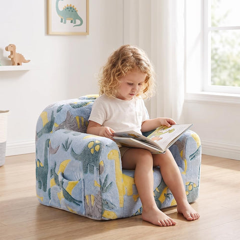 Kids Foam Sofa Chair - Blue Dinosaur Print - Carry Handle, Zip-Off Washable Cover, 62.5cm Wide