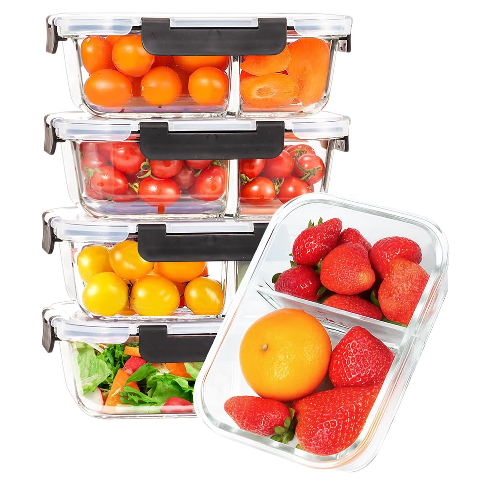 Glass Food Storage Containers 5 Pack - 1040ml - Borosilicate Glass, 2 Compartments, Snap Lids with Silicone Seals
