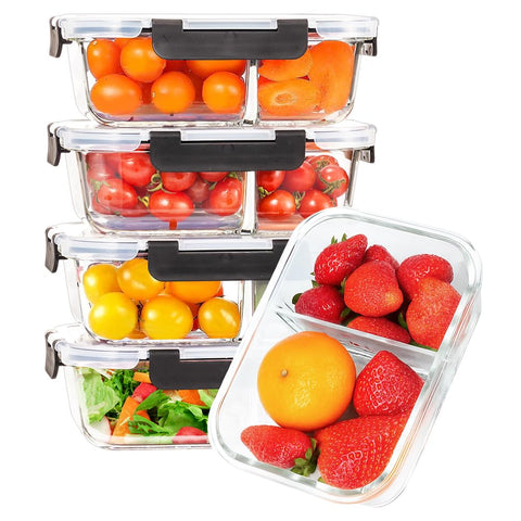 Glass Food Storage Containers 5 Pack - 1040ml - Borosilicate Glass, 2 Compartments, Snap Lids with Silicone Seals
