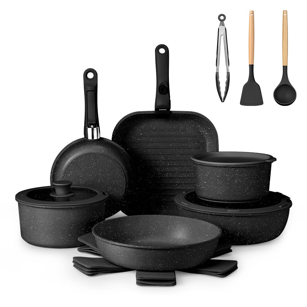 Detachable Handle Cookware Set 20 Piece - Black - Nonstick Granite Coating, PFOA and PFOS Free, Induction Ready