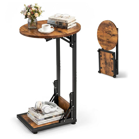 Foldable C Shaped Side Table 2 Tier - Vintage Brown - 33 x 40 x 65cm, Metal Frame, Folds Flat Without Tools