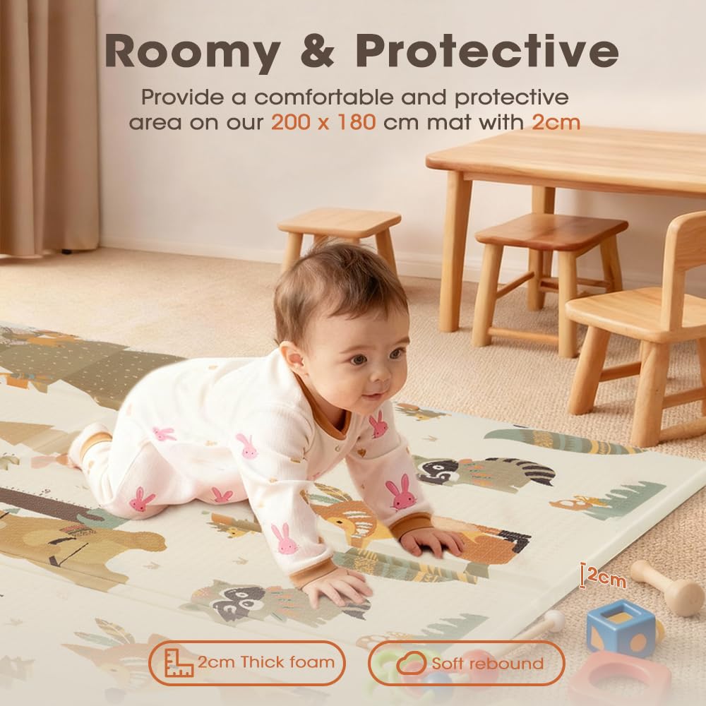 Foldable Baby Play Mat 200 x 180cm - Forest - Upgraded 2cm XPE Foam, Waterproof, Reversible