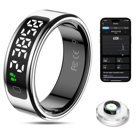 Smart Health Ring with LED Display - Silver, Size 13