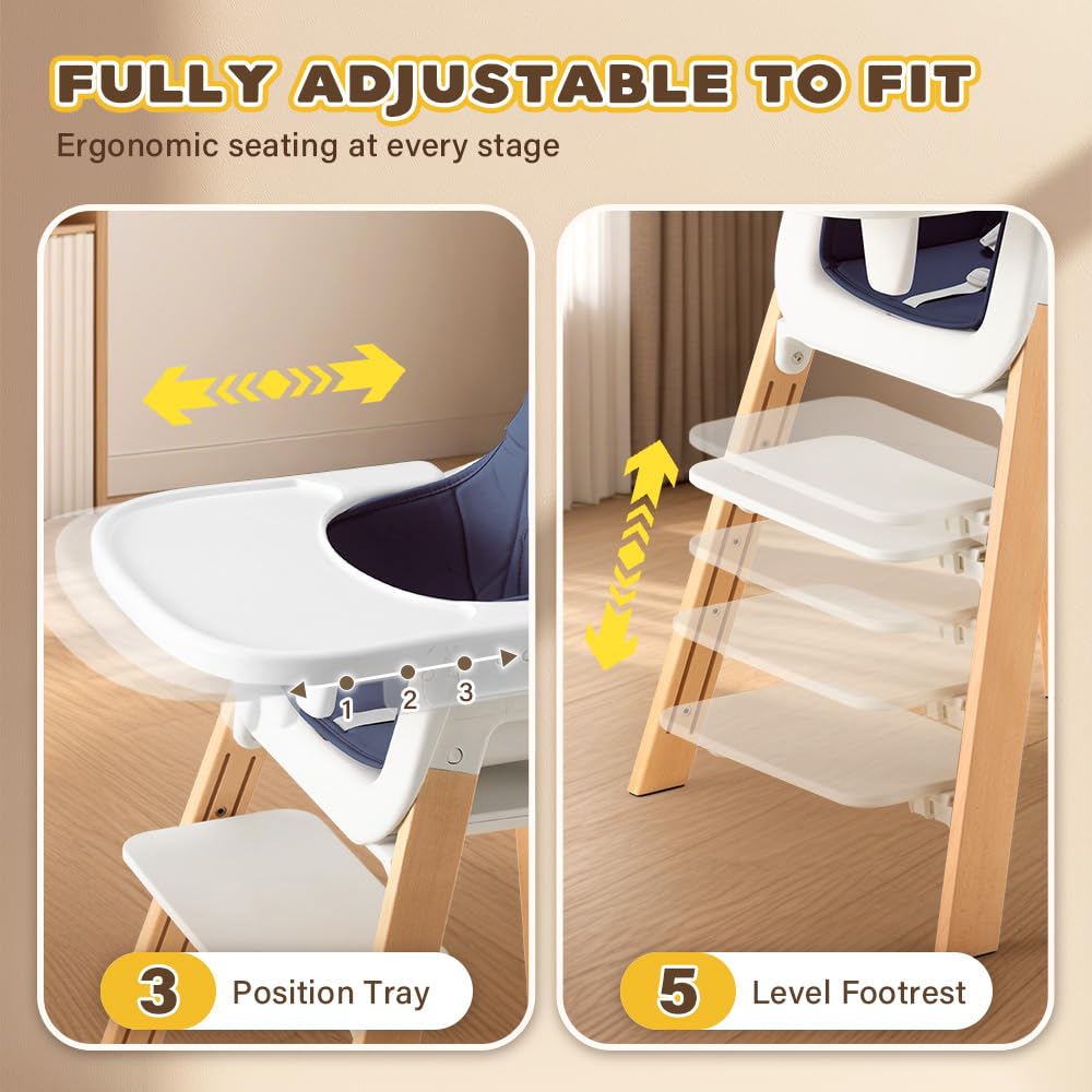 3-in-1 Wooden Baby High Chair - Blue - 5-Point Harness, Food-Grade Tray, 5-Level Footrest