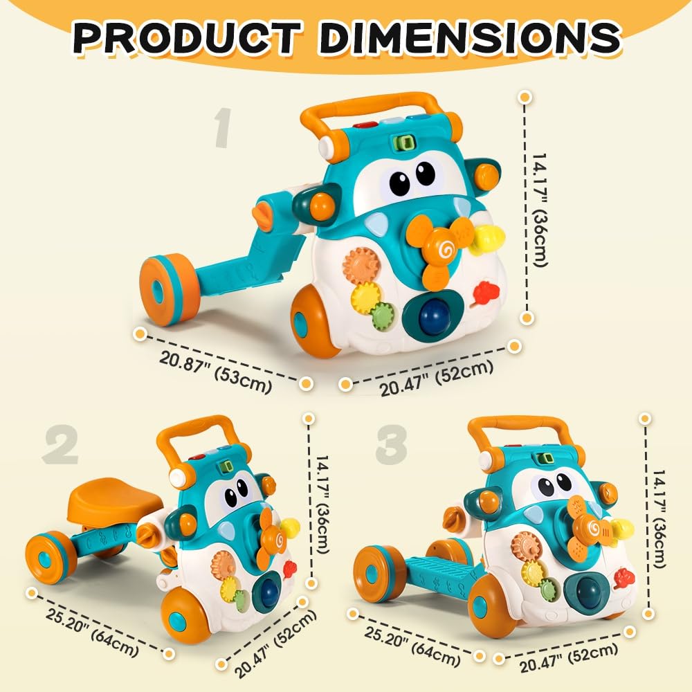3-in-1 Baby Walker, Ride-On and Scooter - Blue - Music Activity Centre, 90 Degree Rotating Head