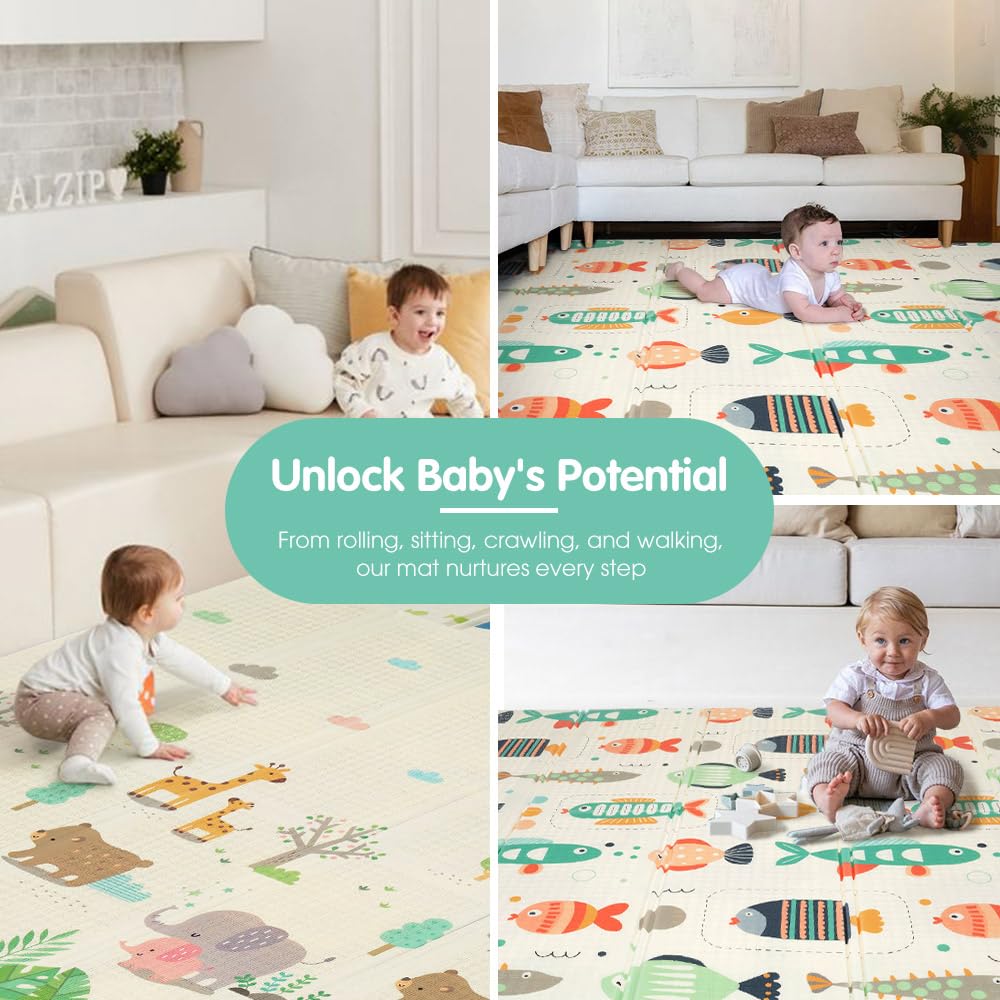 Foldable Baby Play Mat 200 x 180cm - Fish - 1cm XPE Foam, Reversible, Travel Bag Included