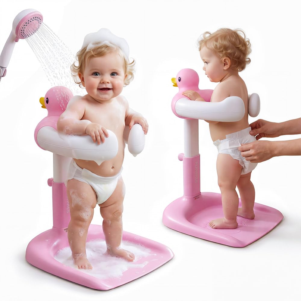 Baby Bath Shower Stand - Pink - 9 Height Levels, Anti-Slip Base, Anti-Pinch Silicone