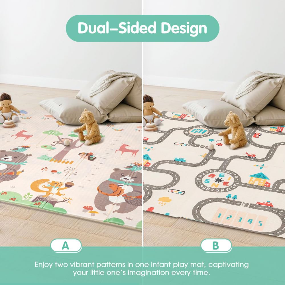 Foldable Baby Play Mat 200 x 180cm - Woodland Bear - 1cm XPE Foam, Reversible, Travel Bag