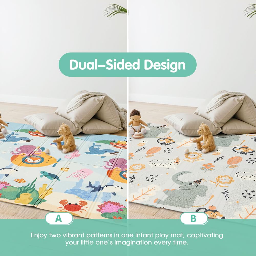 Foldable Baby Play Mat 200 x 180cm - Submarine World - 1cm XPE Foam, Reversible, Travel Bag