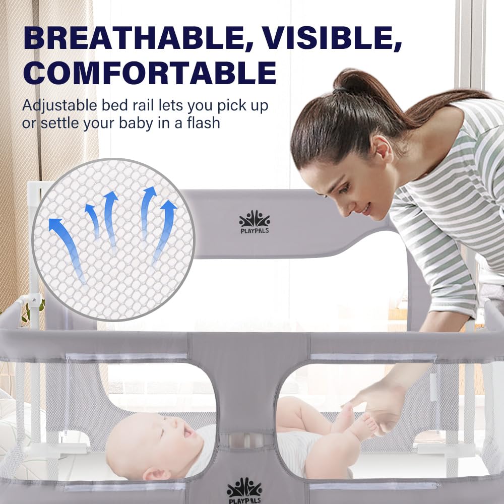 Baby Bedside Crib Co-Sleeper - Grey 120 x 56 x 70cm - Mesh Window, Lift and Fold Side, Adjustable