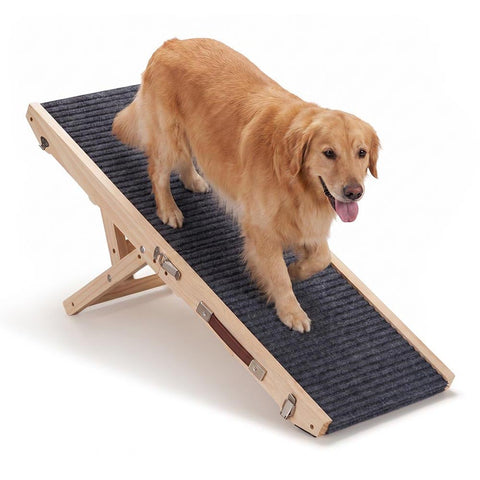 Folding Wooden Dog Ramp - Pine, Adjusts 24.5 to 49.5cm - Self Supporting, Anti Slip Fabric, Folds in Half