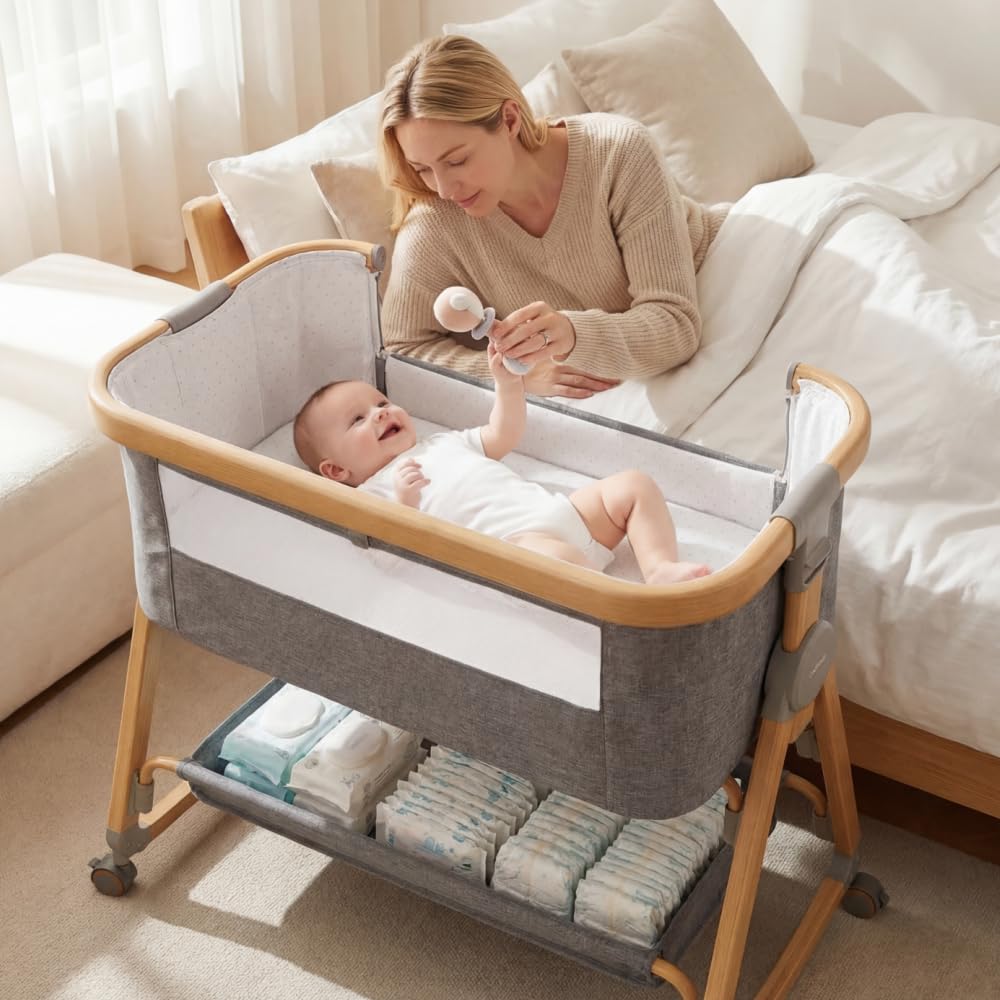 3-in-1 Baby Bassinet and Bedside Sleeper - Grey - 6 Height Levels, Rocking Cradle, Mattress Included