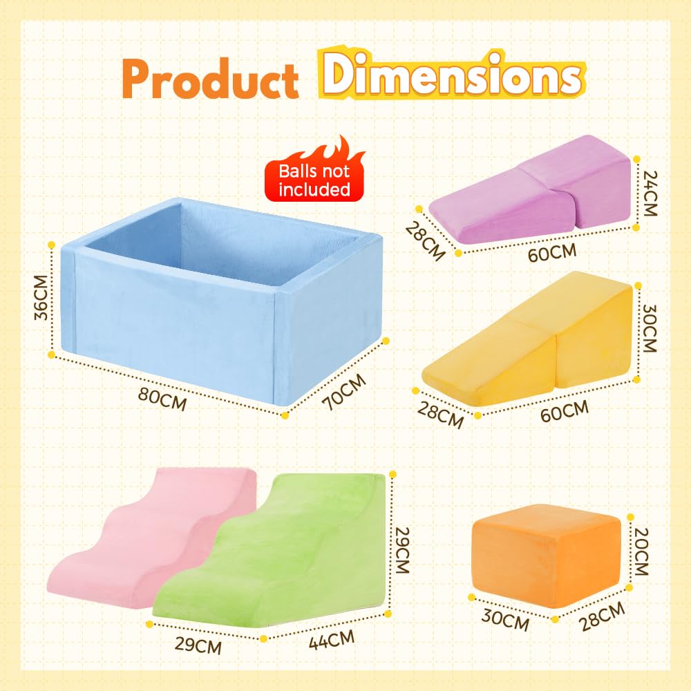 Soft Play Set 7 Piece - Pastel - Ball Pit, Ramps, Steps, Slope and Block, High-Density Foam