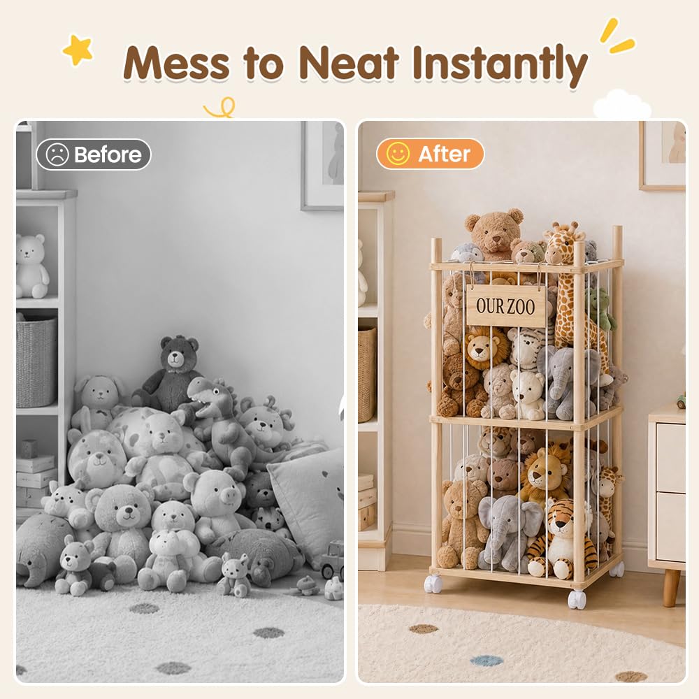 Soft Toy Storage Tower 2-Tier with Wheels - Natural Wood 94.5cm - Holds 30+ Plush Toys, Rolls Away