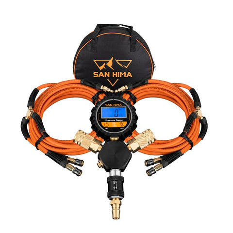 4 Way Digital Tyre Inflator - 250 PSI - Inflates Four Tyres at Once, Nitto Style Fittings, Heavy Duty Hoses