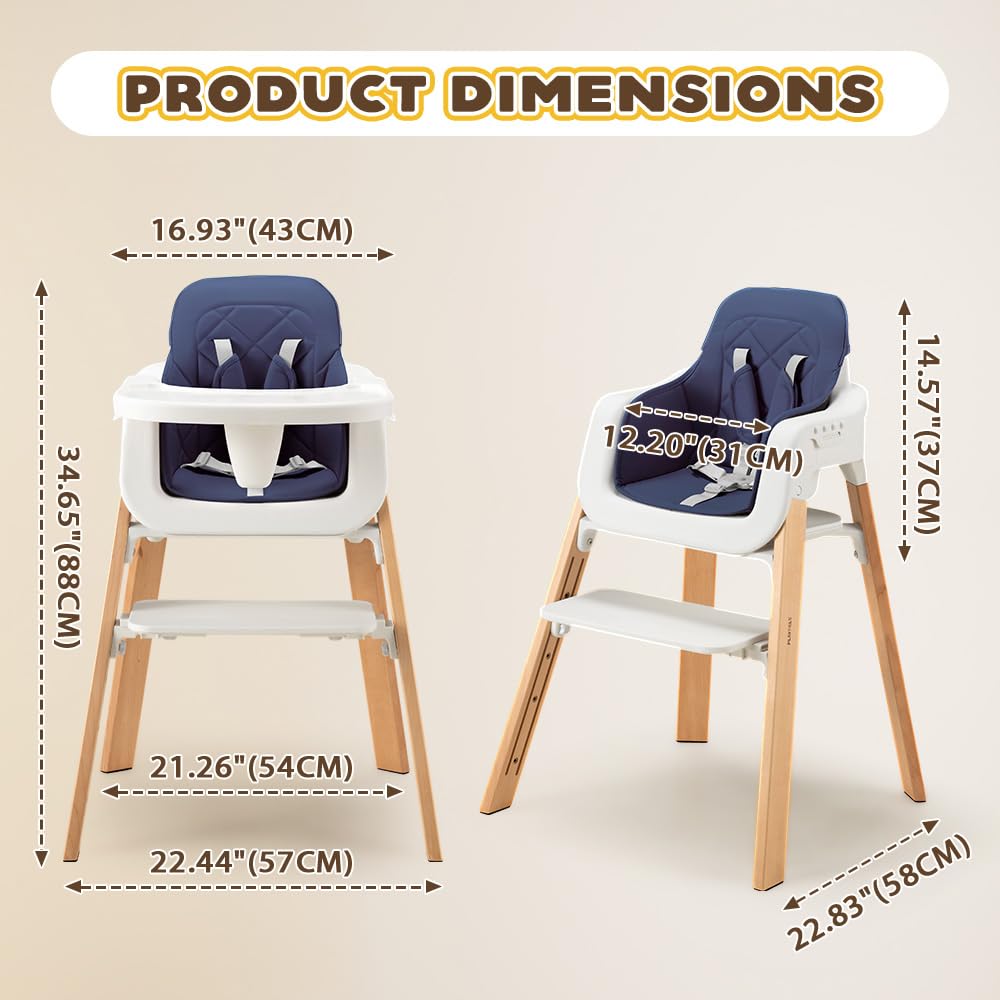 3-in-1 Wooden Baby High Chair - Blue - 5-Point Harness, Food-Grade Tray, 5-Level Footrest