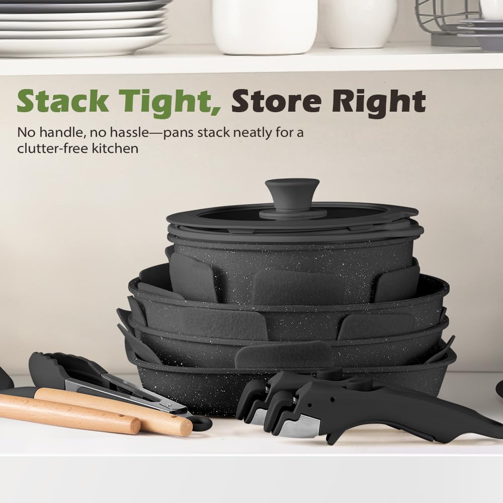 Detachable Handle Cookware Set 20 Piece - Black - Nonstick Granite Coating, PFOA and PFOS Free, Induction Ready