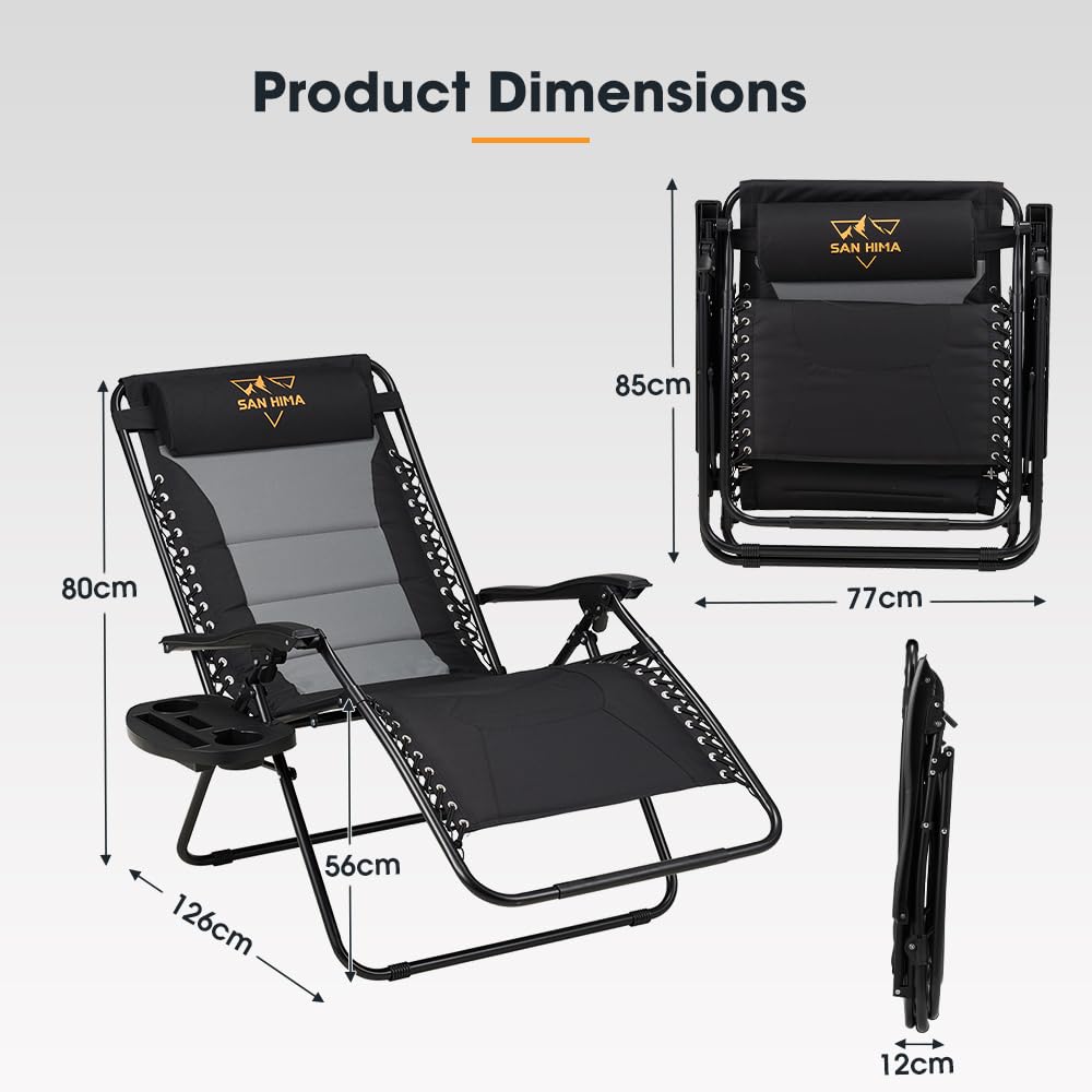 Zero Gravity Camping Chair - Black - Reclines 90 to 170 Degrees, 64cm Wide Seat, Double Layer 600D Oxford, Side Holder