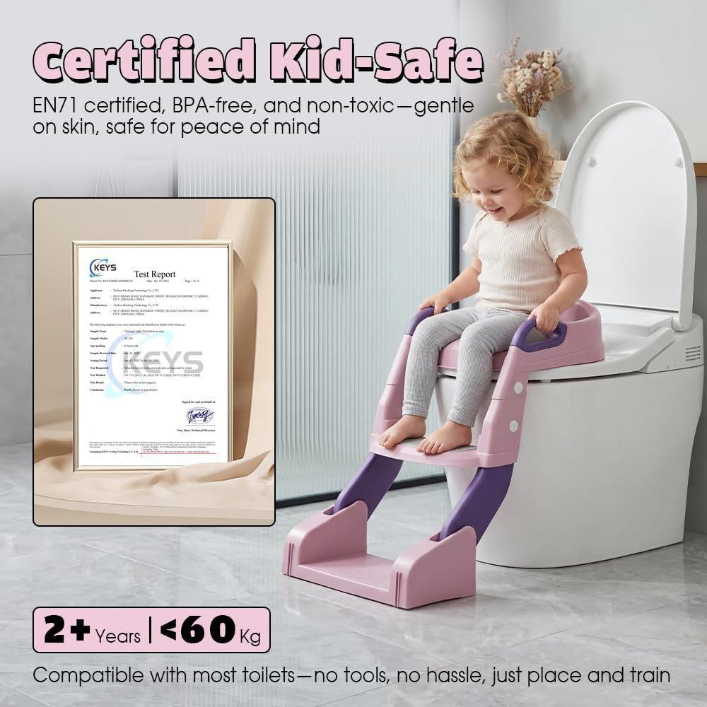 2-in-1 Potty Training Seat with Step Stool Ladder - Pink - Splash Guard, Soft PU Cushion, Non-Slip