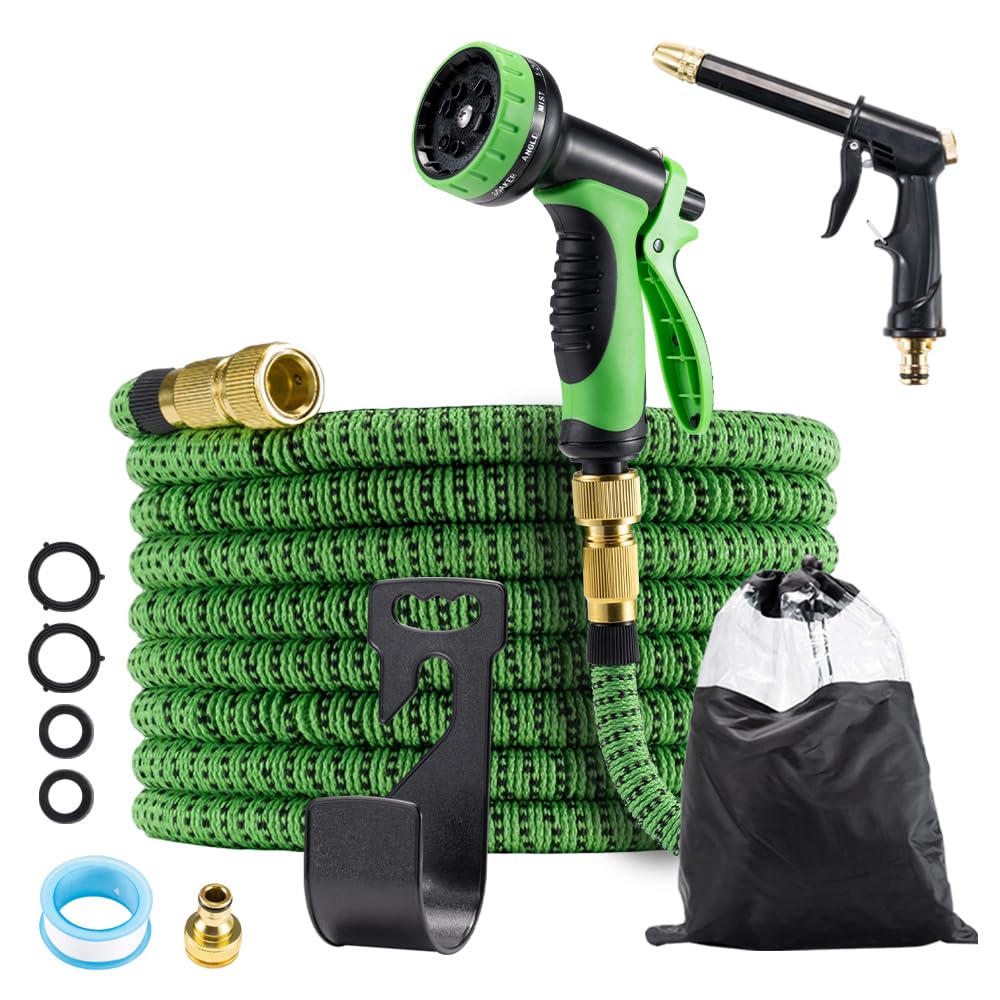 Expandable Garden Hose 50FT - Green - Stretches to 3x Length, 10 Function Nozzle plus Mist Nozzle, 1/2 and 3/4 BSP