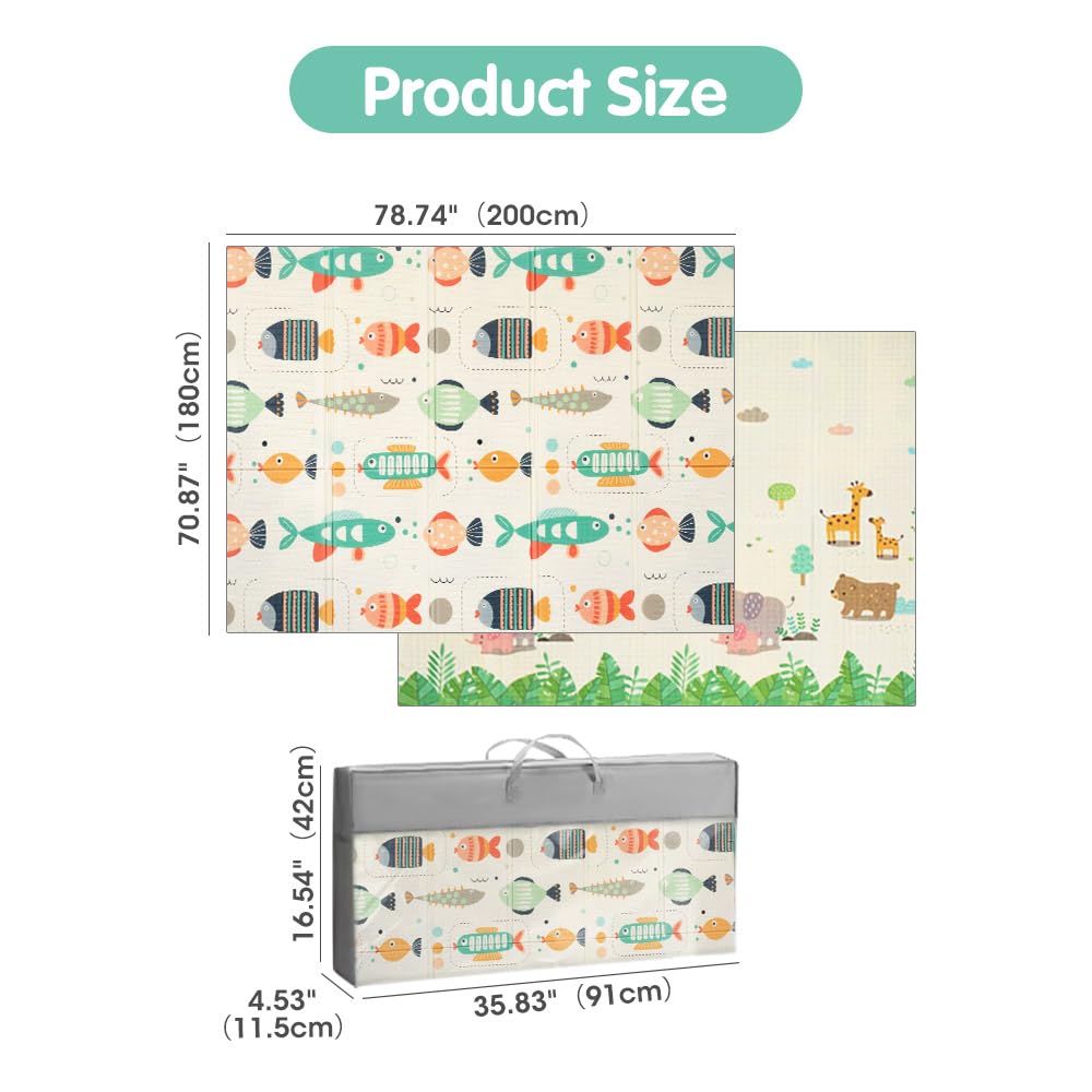 Foldable Baby Play Mat 200 x 180cm - Fish - 1cm XPE Foam, Reversible, Travel Bag Included