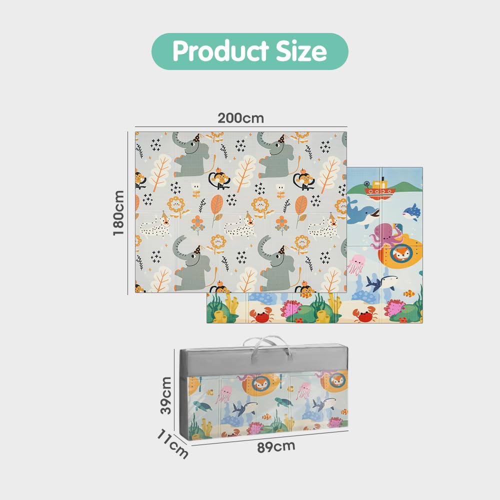 Foldable Baby Play Mat 200 x 180cm - Submarine World - 1cm XPE Foam, Reversible, Travel Bag