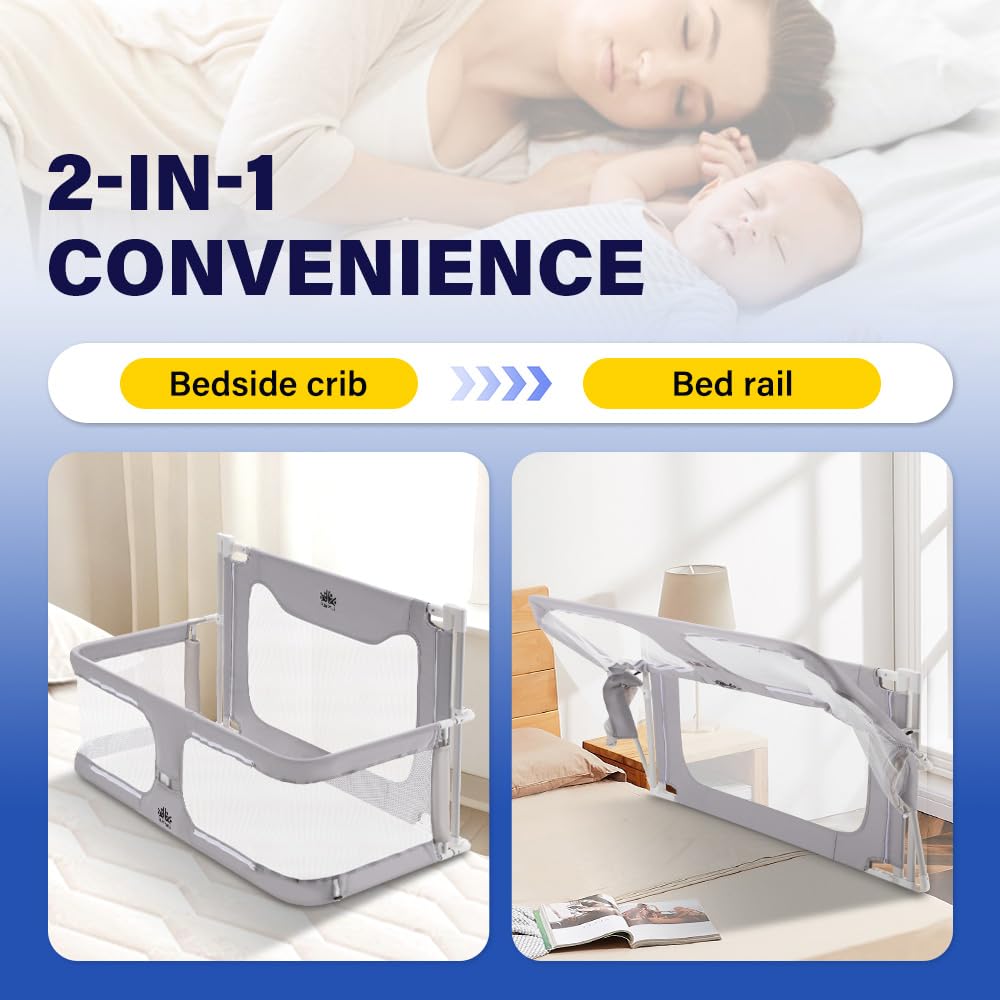 Baby Bedside Crib Co-Sleeper - Grey 120 x 56 x 70cm - Mesh Window, Lift and Fold Side, Adjustable