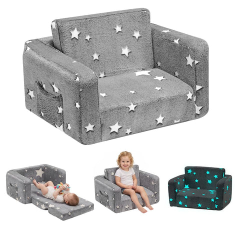 Kids Fold-Out Sofa Bed 2-in-1 - Grey Star Print - Glow-in-the-Dark, Zip-Off Washable Cover