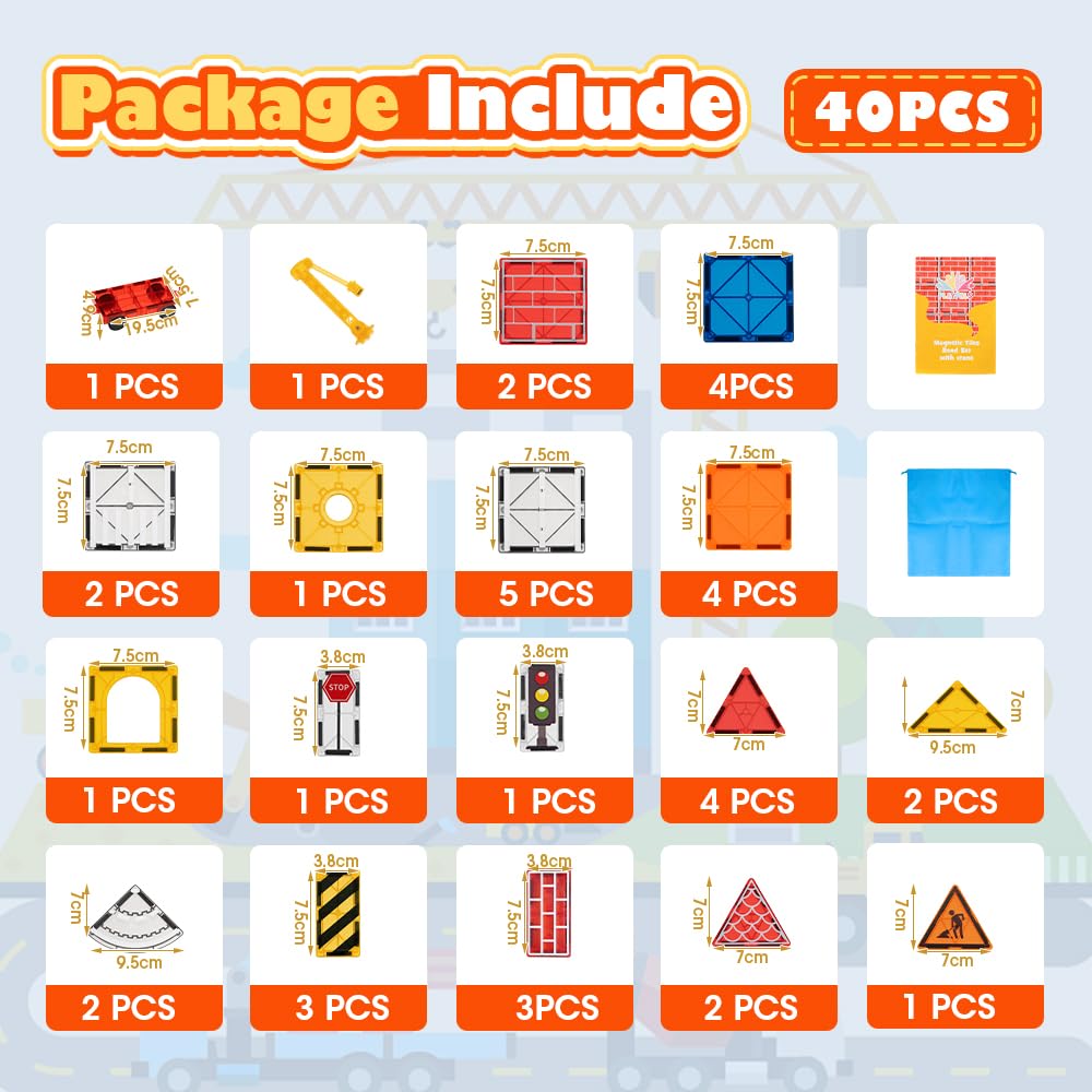 Magnetic Tiles Road Set 40 Piece - Extendable Crane - STEM Building Blocks, Storage Bag, Age 3+