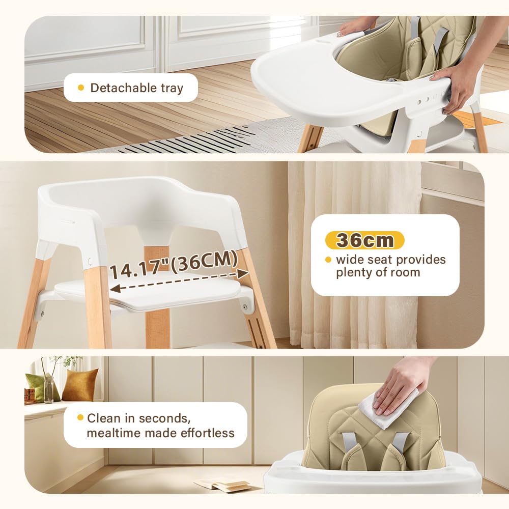 3-in-1 Wooden Baby High Chair - Khaki - 5-Point Harness, Food-Grade Tray, 5-Level Footrest