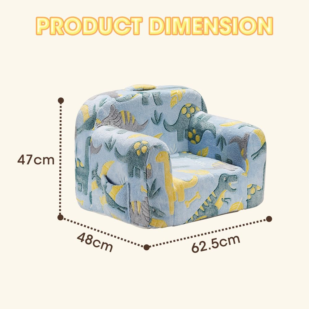 Kids Foam Sofa Chair - Blue Dinosaur Print - Carry Handle, Zip-Off Washable Cover, 62.5cm Wide