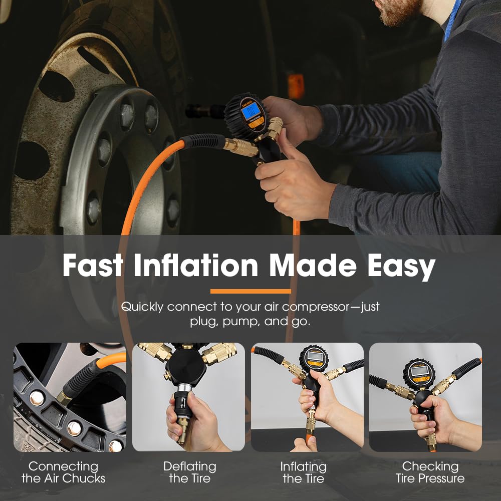 4 Way Digital Tyre Inflator - 250 PSI - Inflates Four Tyres at Once, Nitto Style Fittings, Heavy Duty Hoses