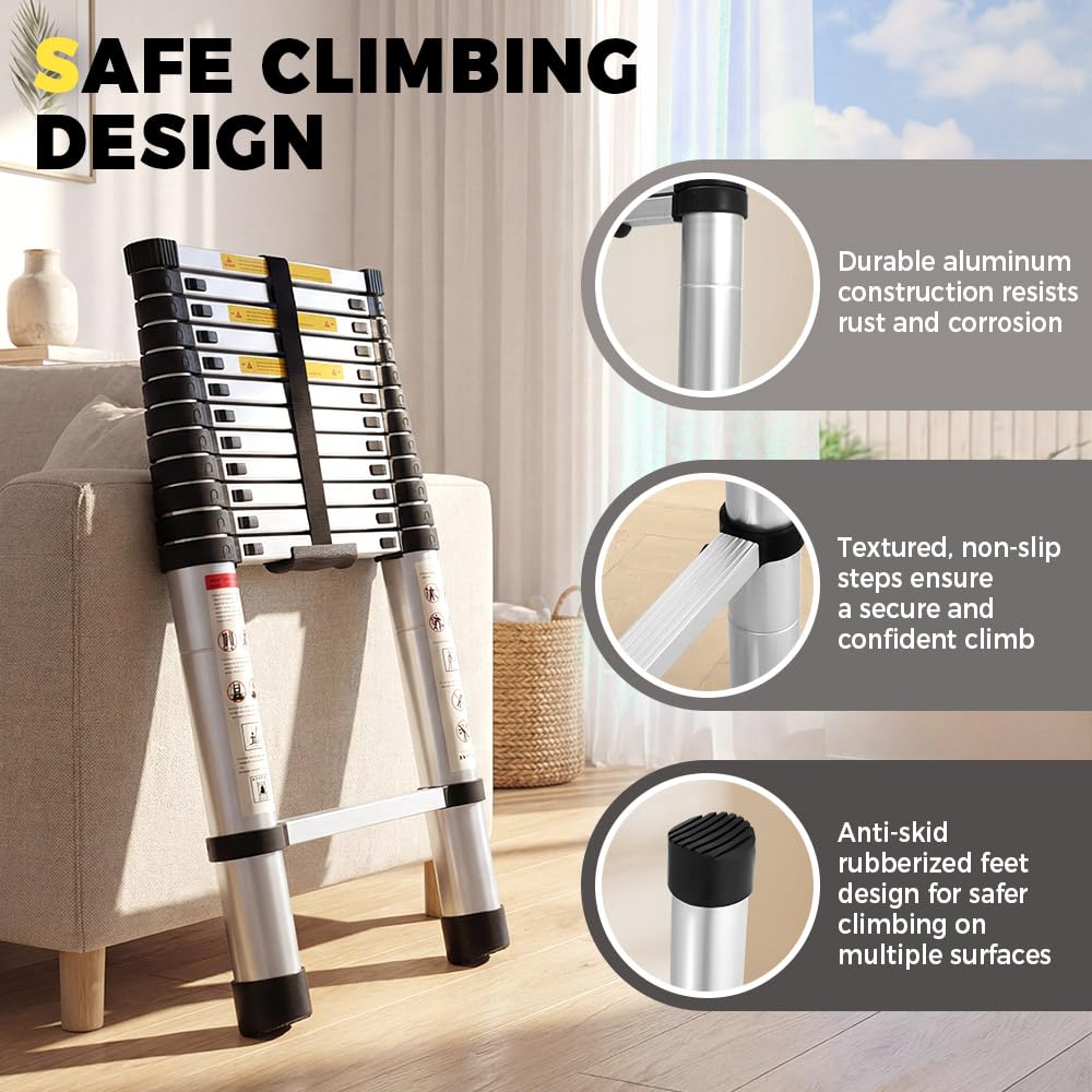 Telescopic Aluminium Ladder 3.8m - Silver - 150kg Capacity, Auto Lock Sections, Collapses for Storage, Carry Bag