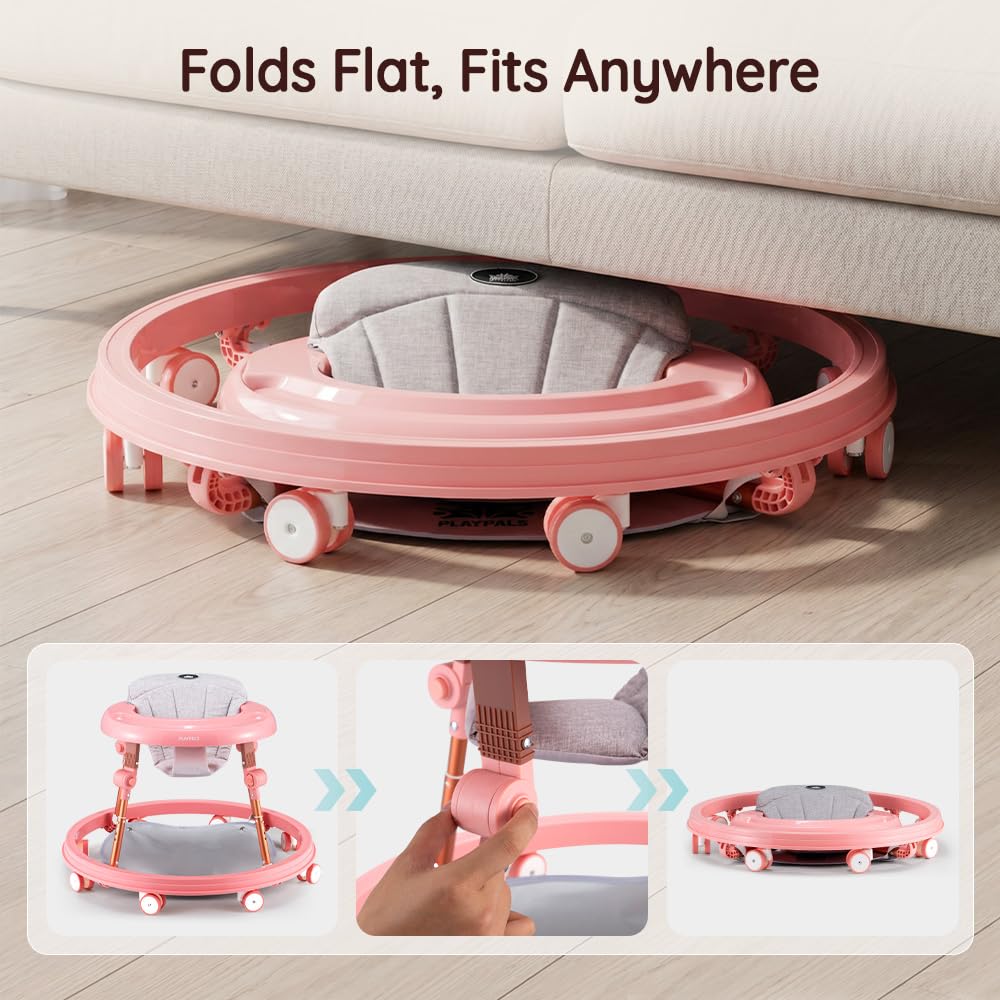 3-in-1 Baby Walker and Activity Table - Pink - 4 Height Positions, Folding Frame, 6-18 Months