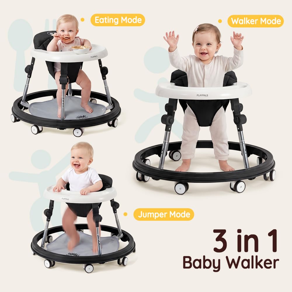 3-in-1 Baby Walker and Activity Table - Black - 4 Height Positions, Folding Frame, 6-18 Months
