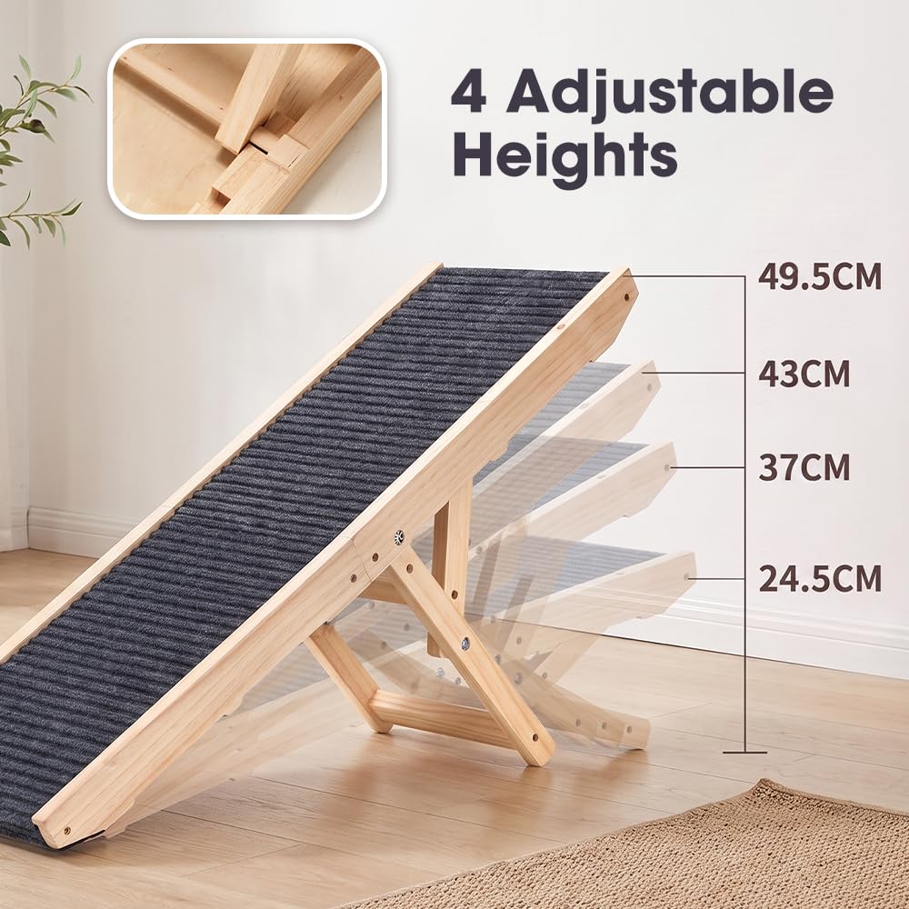 Folding Wooden Dog Ramp - Pine, Adjusts 24.5 to 49.5cm - Self Supporting, Anti Slip Fabric, Folds in Half