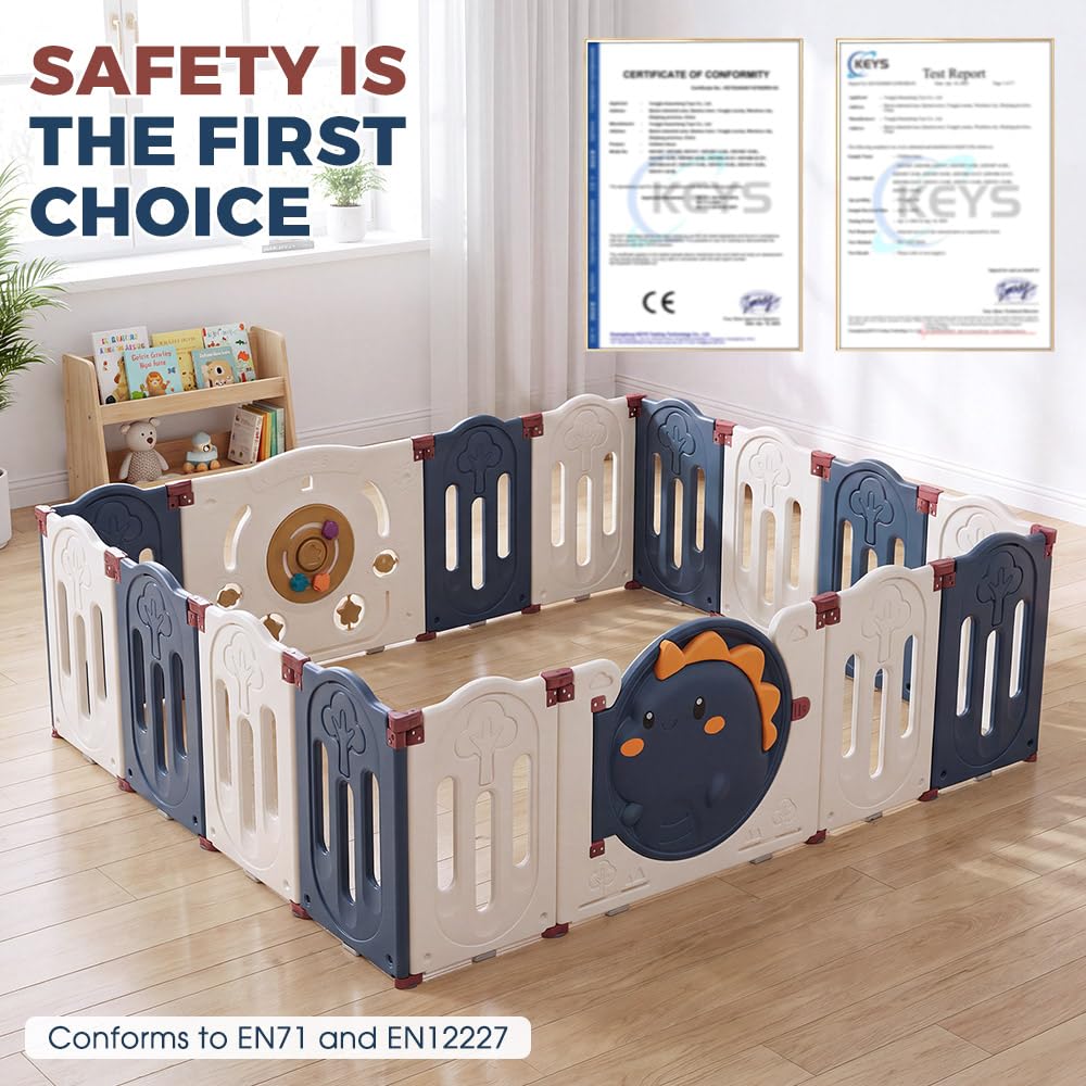 Baby Playpen 16 Panels - Blue 191 x 158 x 60cm - Foldable HDPE, Suction Pads, Interlocking Joints