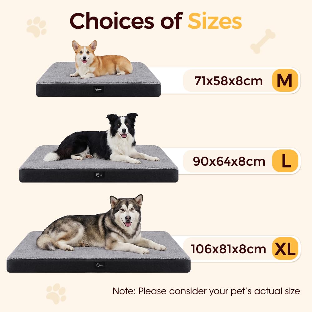 Orthopedic Dog Bed with Handle - Grey, Large 90 x 64 x 8cm - Memory Foam, Coral Fleece, Washable Cover, Non Slip