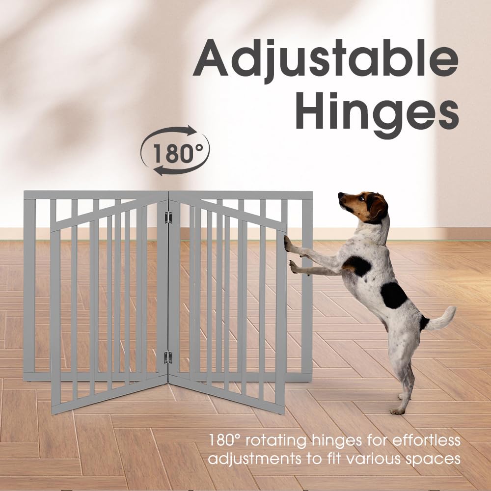 Foldable Dog Gate 6 Panel - Grey, 282 x 61cm - No Drill Freestanding, 180 Degree Hinges, Wooden Panels